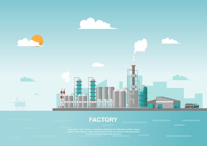 Fábrica industrial en el mar en estilo plano. Vector y la ilustración del edificio de fabricación.