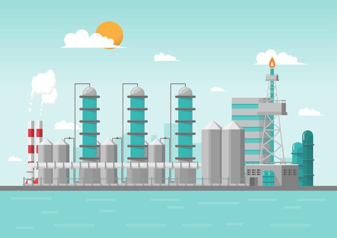 Fábrica industrial en el mar en estilo plano. Vector e ilustración de edificio de fabricación