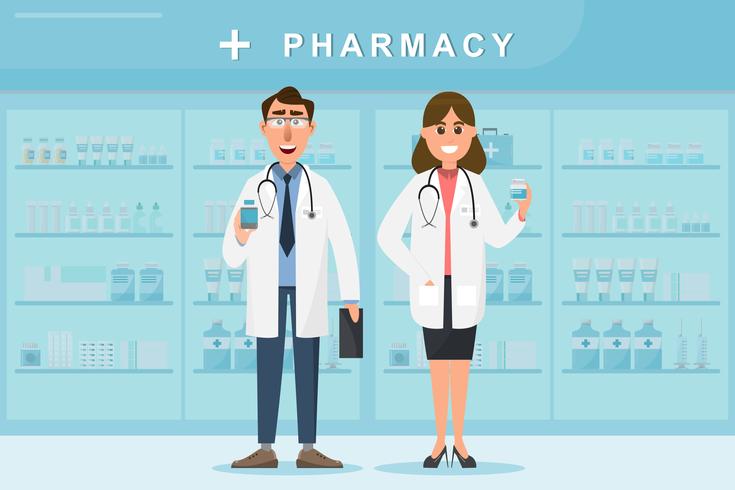 pharmacy with doctor and nurse in counter vector