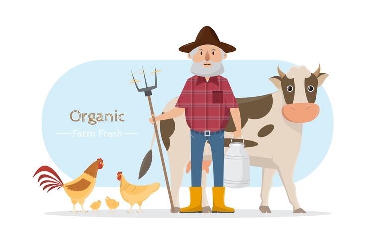 feliz granjero familia personaje de dibujos animados en granja rural orgánica vector