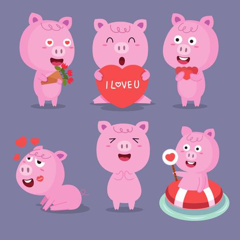Cerdo de dibujos animados Cerdos sonrientes lindos que juegan en fango. Conjunto de caracteres de animales de granja de vector. Ilustración de cerdo en barro, divertido granja porcina. vector
