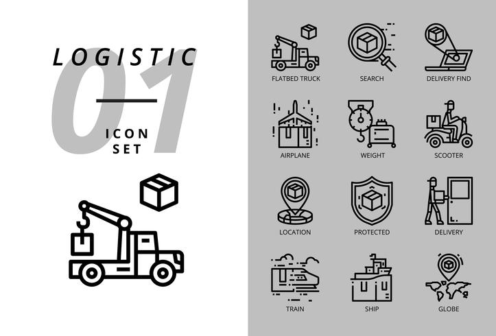 Icon pack for logistics , flatbed truck, search product, delivery find, airplane, weight, scooter, location, protected, delivery, train, ship, globe location. vector