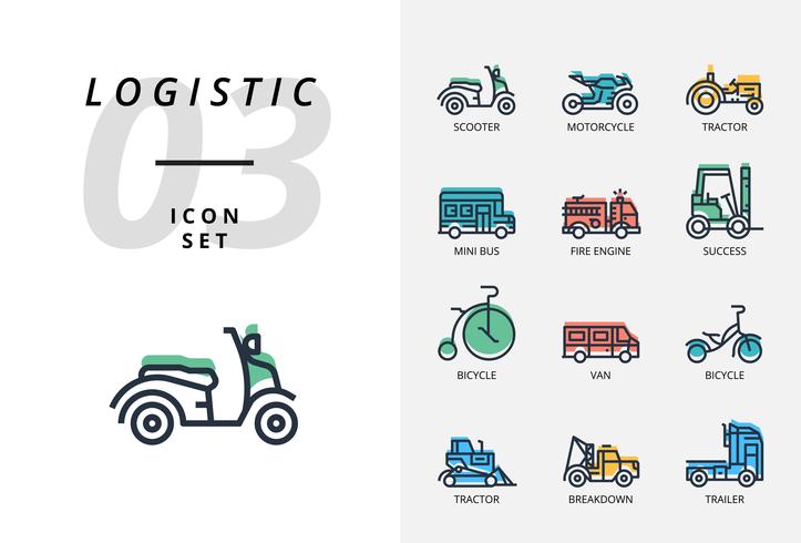 Paquete de iconos para logística, camión rápido, compra, tiempo de entrega, carretilla elevadora, contenedor, embalaje, contenedor, barco, cartero, transporte aéreo, mensajero de bicicleta, seguimiento. vector