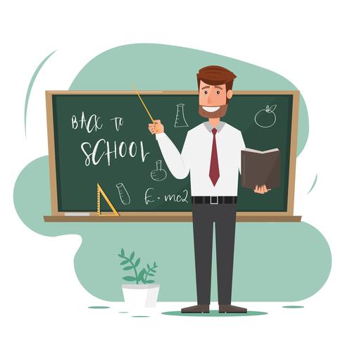 male teacher with pointer on lesson at blackboard in classroom. vector