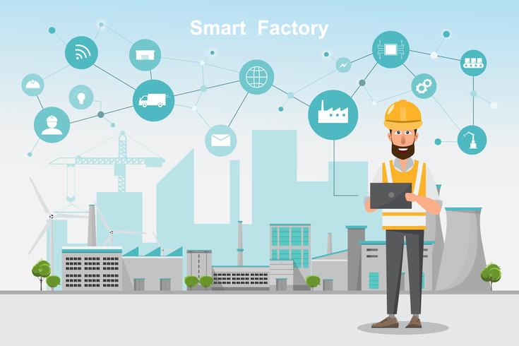 Fábrica moderna 4.0, fabricación automatizada inteligente desde teléfonos inteligentes y tabletas vector