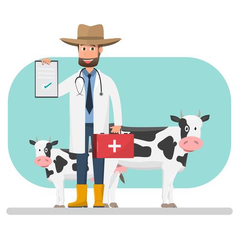 Vaca veterinario revisando enfermedades de mascotas y animales dentro de la granja. vector