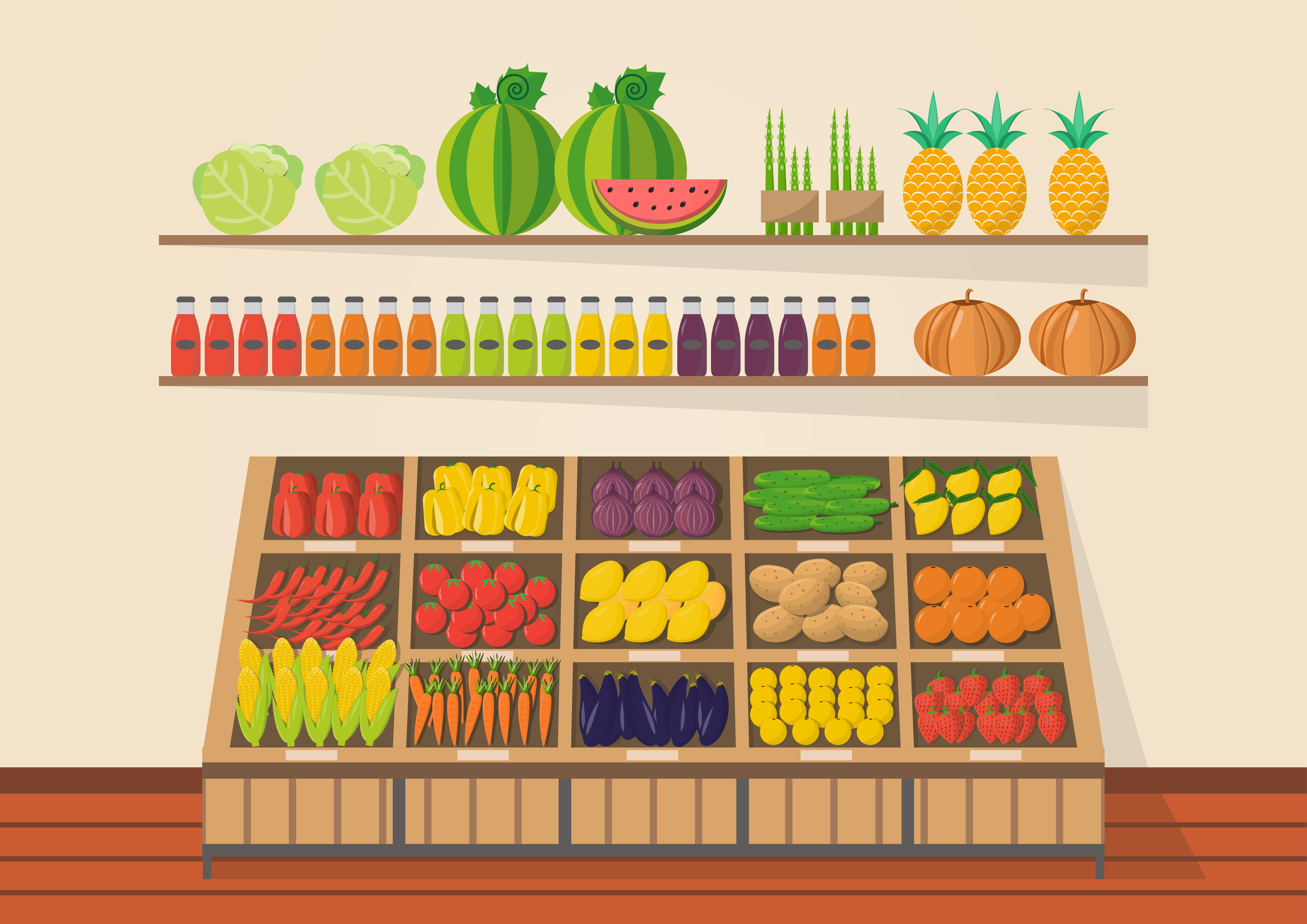 Farm shop. Local market. Selling fruit and vegetables. 426798 Vector