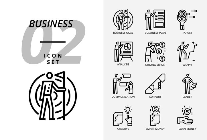 Icon pack for business and strategy, Business goal, business plan, target, analyst, strong vision, graph, communication, support, leader, creative, smart money, loan money. vector