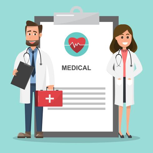 Set of doctors holding first aid box and nurse characters. vector