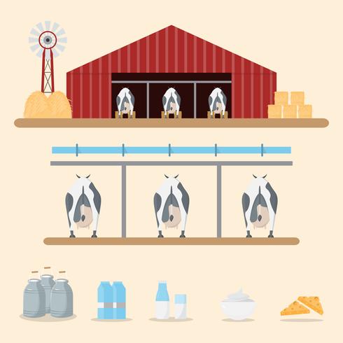 Leche y productos lácteos de granja lechera en el fondo. vector