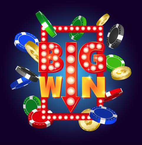 Retro sign with lamp Big Win. Falling casino chips and coins. vector