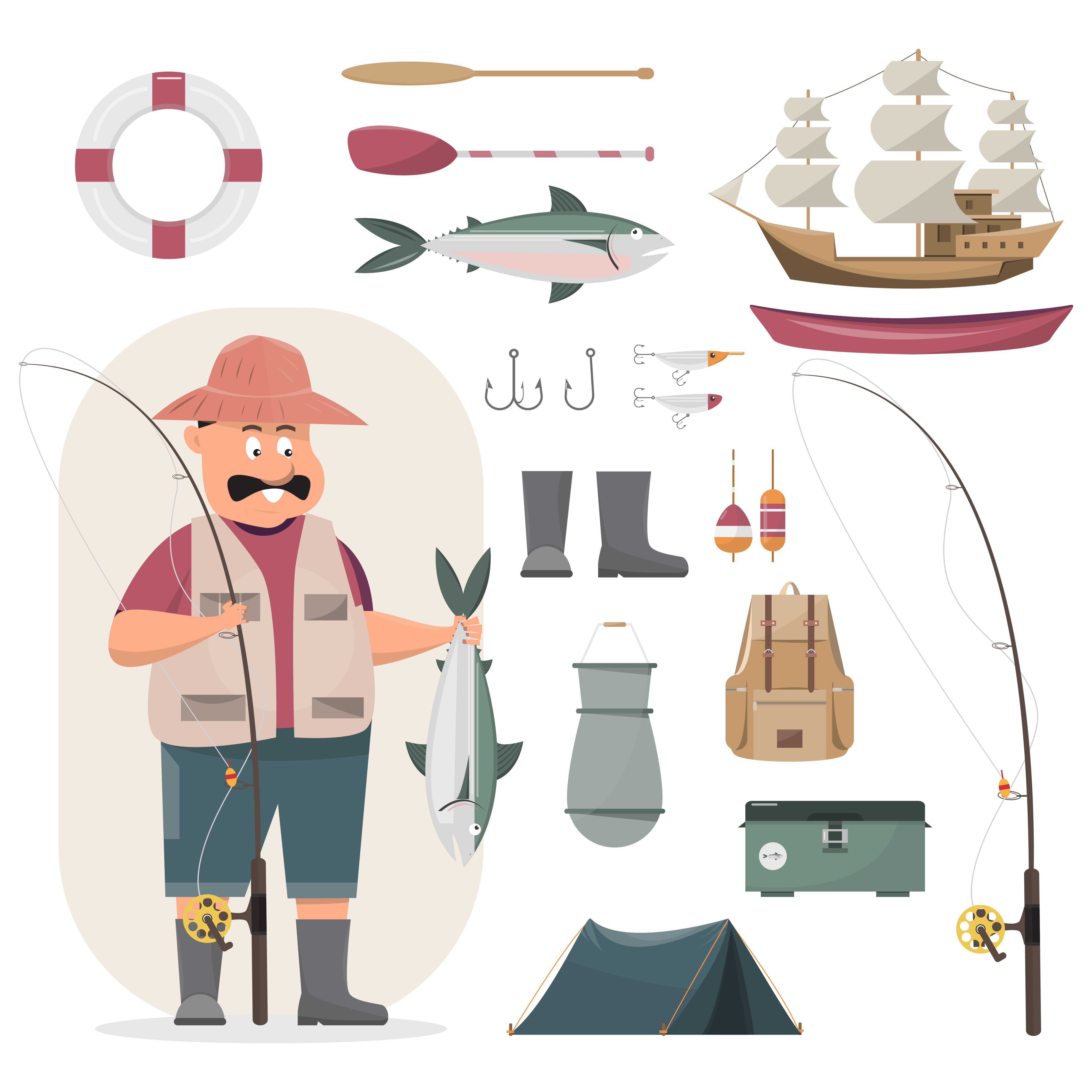 Download Fisherman character holding a big fish and a fishing rod ...