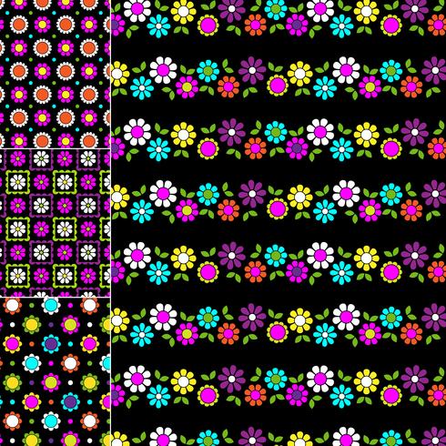 mod geometric and floral patterns on black backgrounds vector