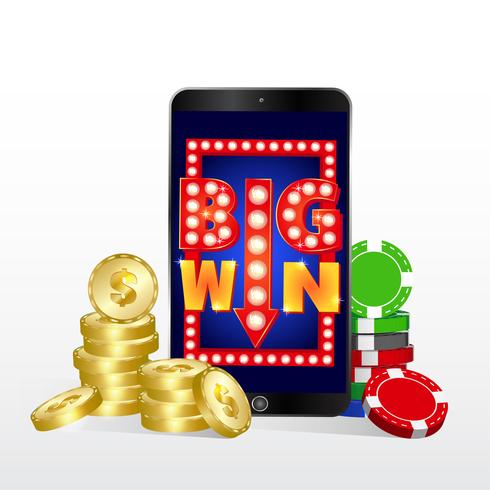 Concepto de casino en línea. Smartphone con monedas y fichas de poker. vector