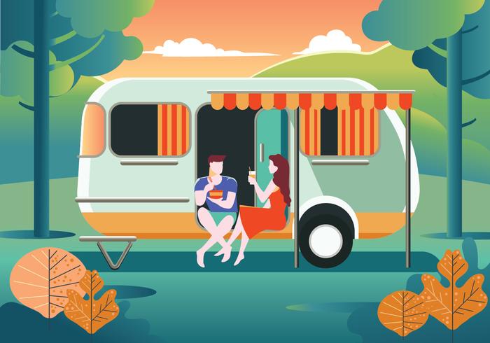 Happy Couple Stay in Caravan on Summer Holidays Vacation vector