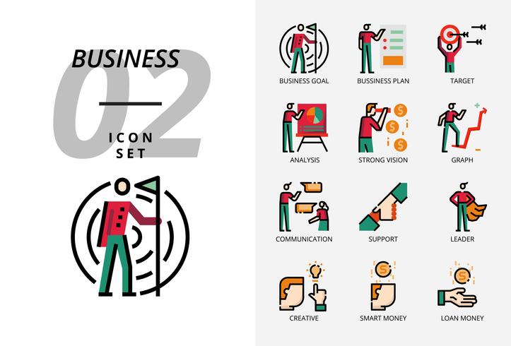 Icon pack for business and strategy, Business goal, business plan, target, analyst, strong vision, graph, communication, support, leader, creative, smart money, loan money. vector