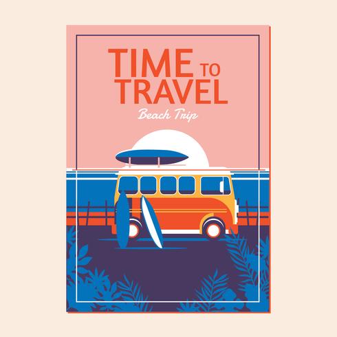 Summer Vacation on Beach Featuring Retro Car and Surf Board vector