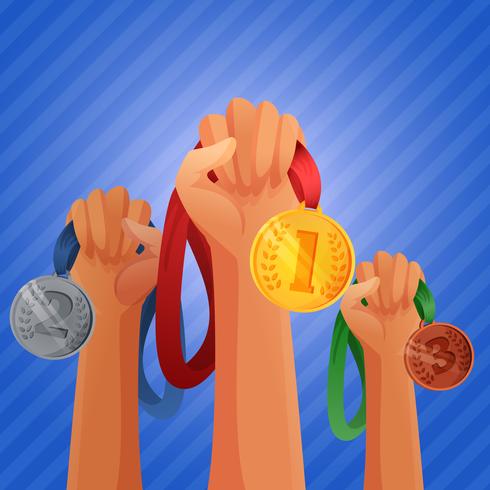 Ganadores manos sosteniendo medallas vector