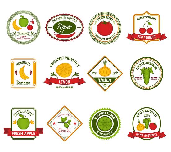 Fruit vegetables labels set color vector