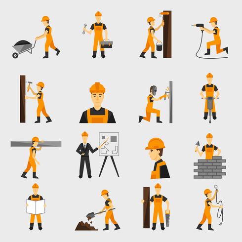 Construction worker icons flat vector