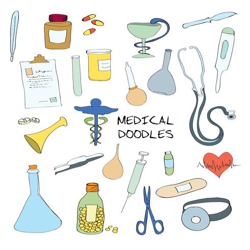 Símbolos médicos emblemas doodle conjunto vector