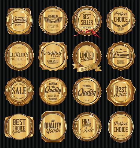 Insignias y etiquetas de oro premium de lujo vector