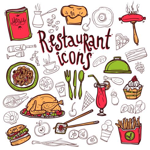 Restaurant icons doodle symbols sketch vector