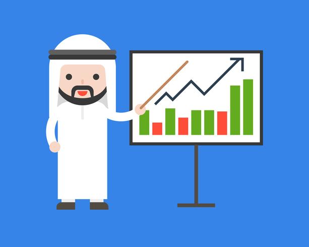 Cute arab business man present bar chart,company income increase on board, business situation concept