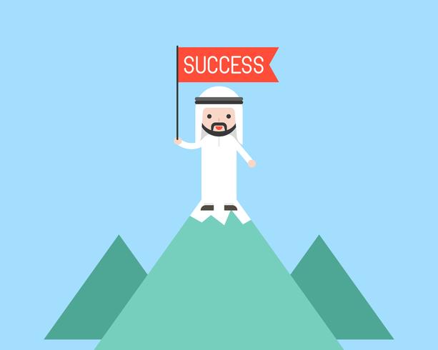 Cute arab business man holding red flag stand on top of mountain, leadership and success business situation concept vector