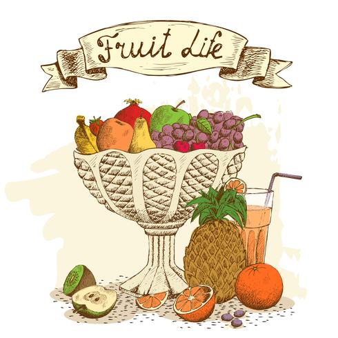 Fruit vase with fresh juice still life vector