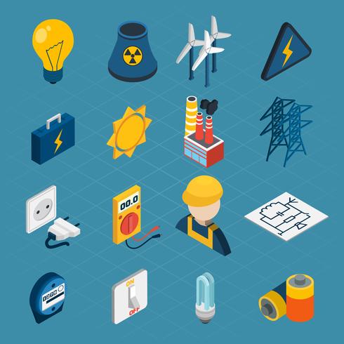 Iconos isométricos de electricidad vector