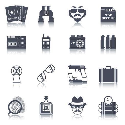 Spy gadgets black icons set vector