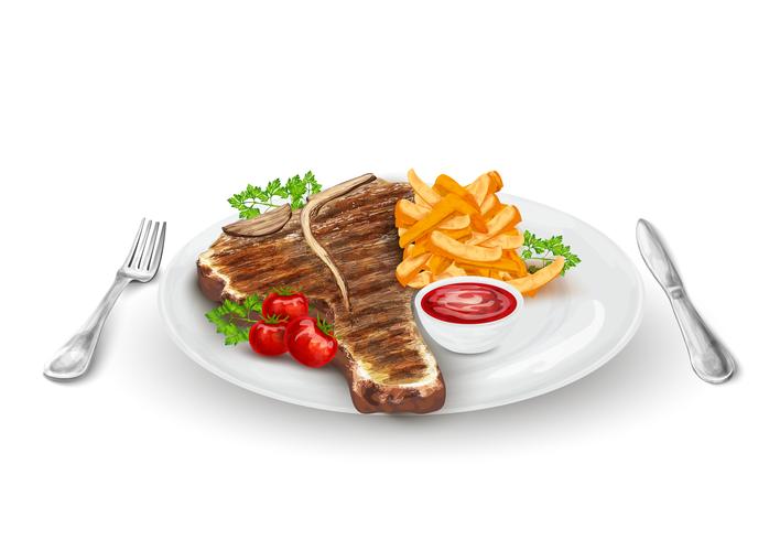 Bistec a la plancha en un plato vector