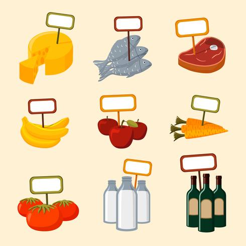 Supermarket foods items with blank signs vector