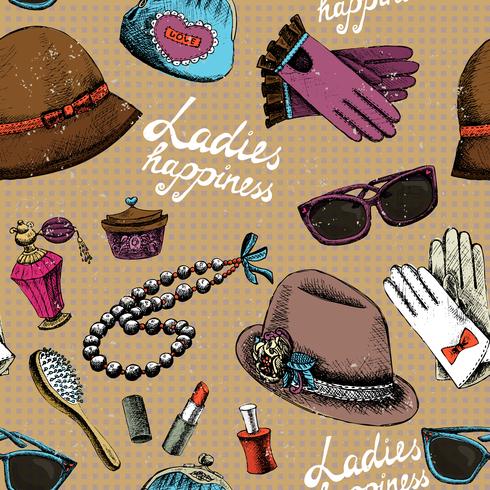 Women pattern with gloves glasses hat perfume and other accessory vector