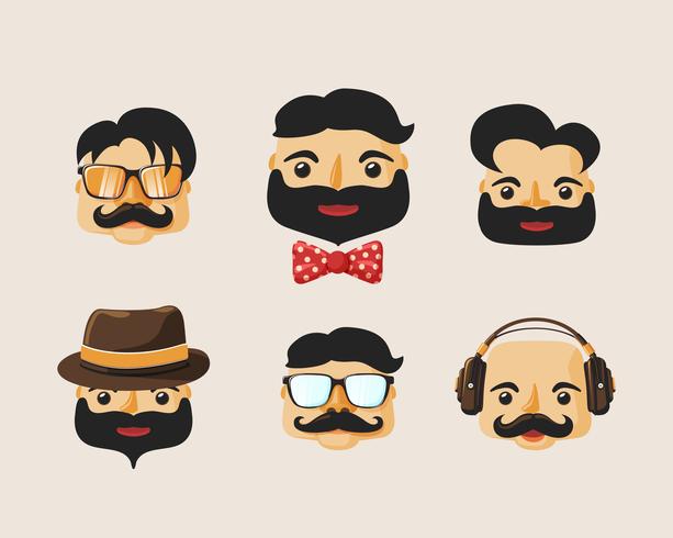 Pack de personajes hipster con emociones faciales. vector