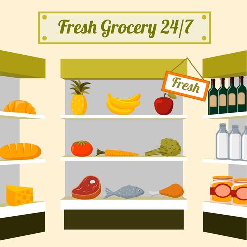 Fresh grocery foods on store shelves vector