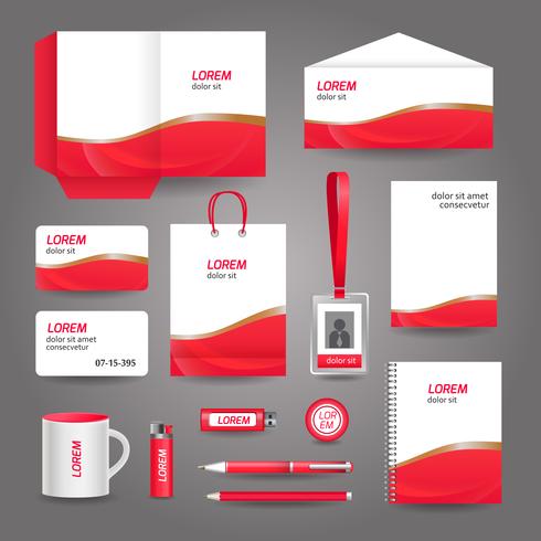 Red wavy abstract business stationery template vector
