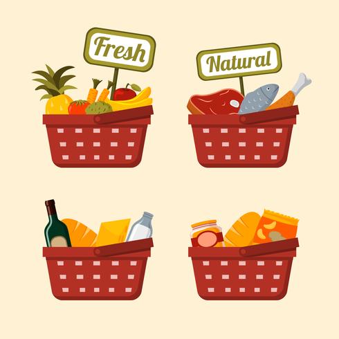 Shopping basket set with foods vector