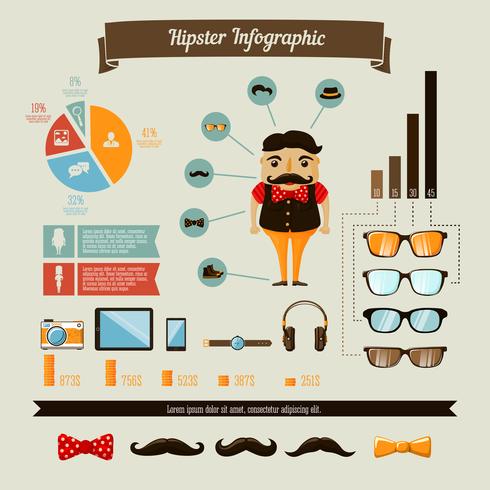Hipster infographics elements set with geek boy vector