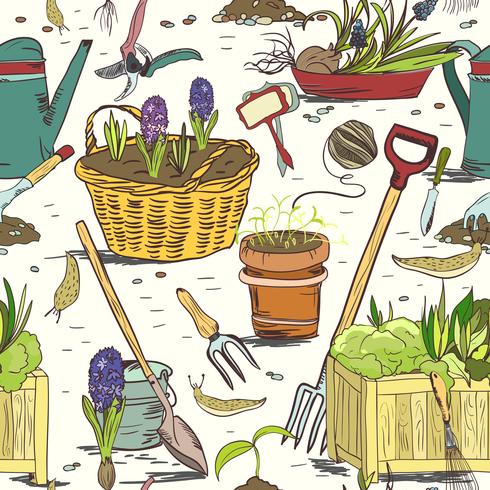 Seamless gardening tools pattern background vector