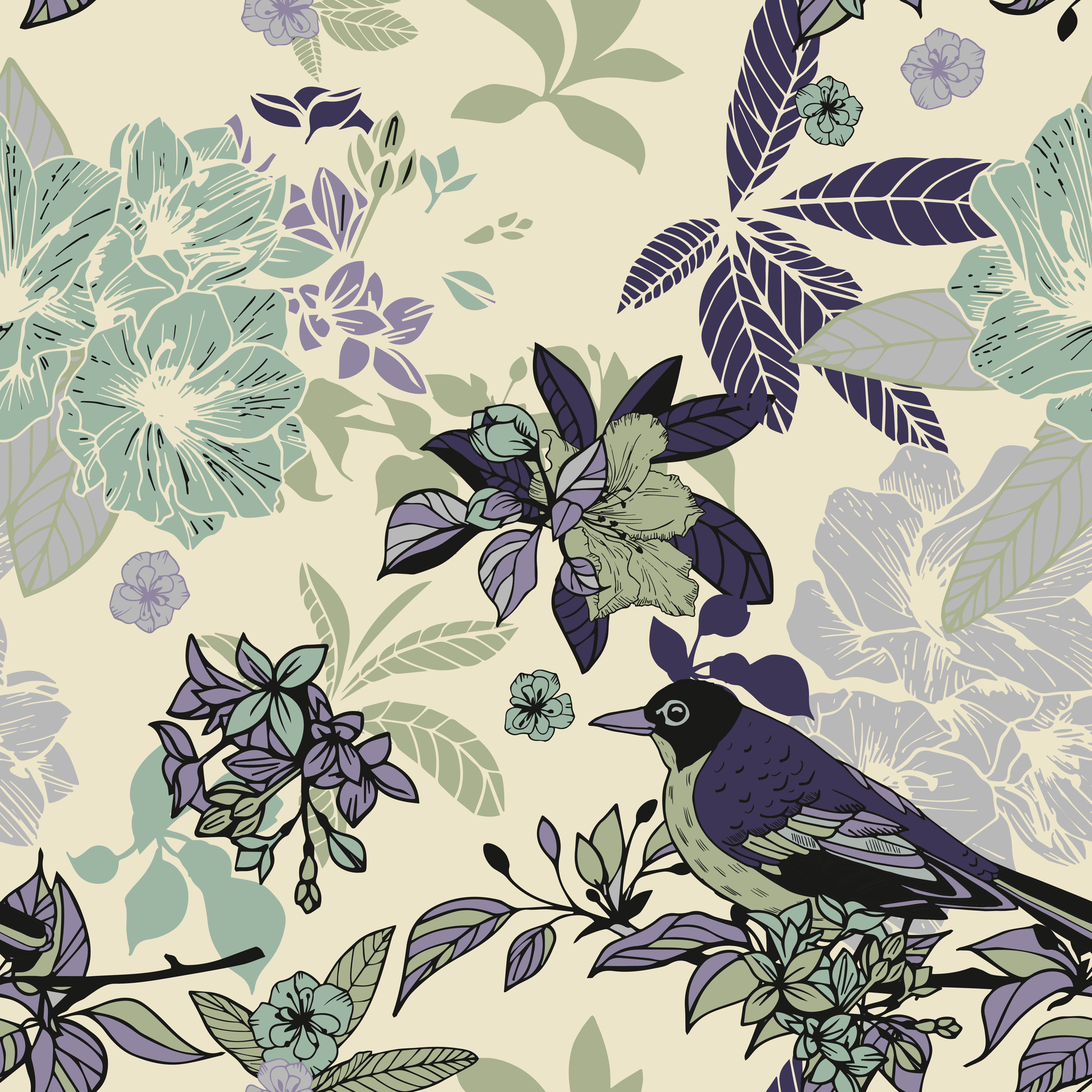 Download Silk flowers and birds seamless pattern 429354 Vector Art at Vecteezy