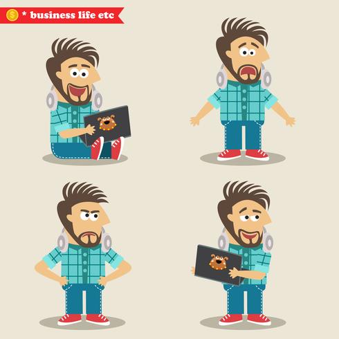 Emociones geek jóvenes en poses, conjunto de pie vector