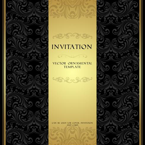 Tarjeta de invitación ornamental negra y dorada. vector