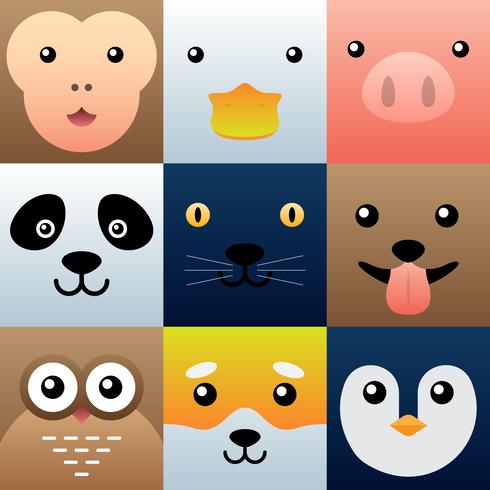 Conjunto de elementos de caras de animales simples coloridos vector