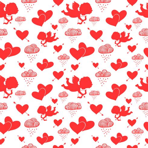Love cupids hearts arrows and clouds seamless pattern vector