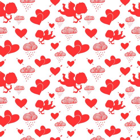 Love cupids hearts arrows and clouds seamless pattern vector