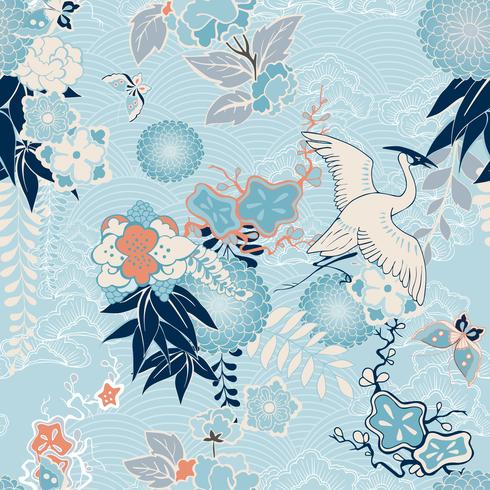 Kimono background with crane and flowers vector