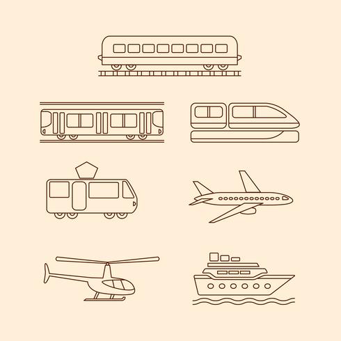 Iconos de transporte de tranvía, metro, tren, avión, helicóptero, barco vector