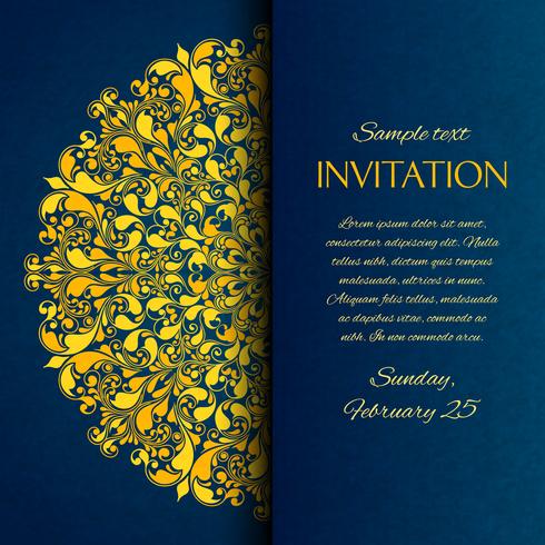 Ornamental blue with gold embroidery invitation card vector